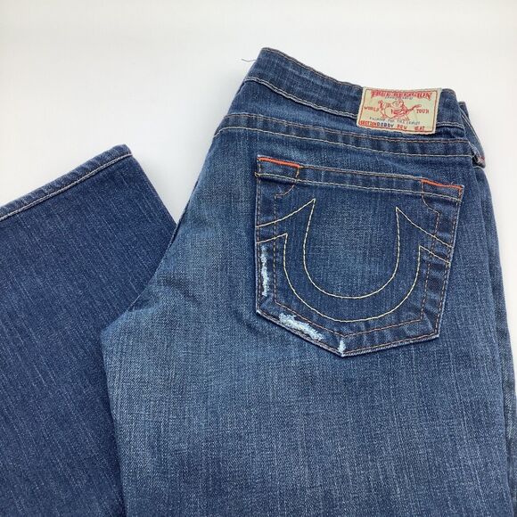 True Religion Womens Bobby‎ Boot Cut Distressed Denim Jeans Blue Size 31 - Picture 1 of 9